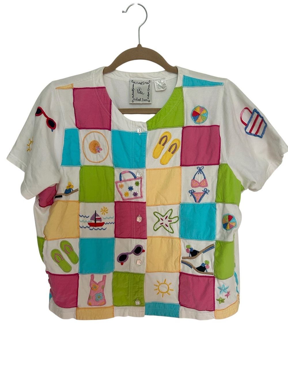 Michael Simon Lite Vintage Beach Themed Embroidered Short Sleeve Cardigan Sz L